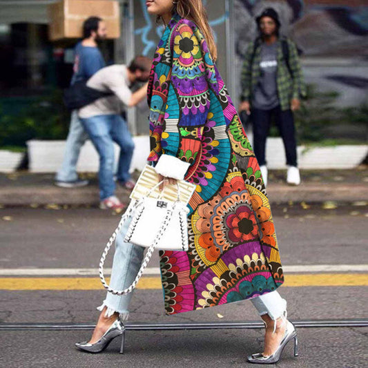 Women's Fashion Loose Ankle Print Woolen Printing Coats