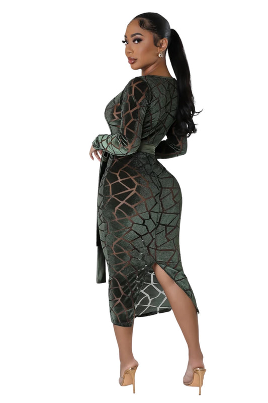 Velvet See Thru Belted Midi Dress