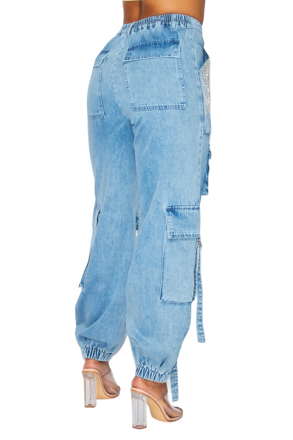 Denim Cargo with Rhinestone Joggers **NO STRETCH**