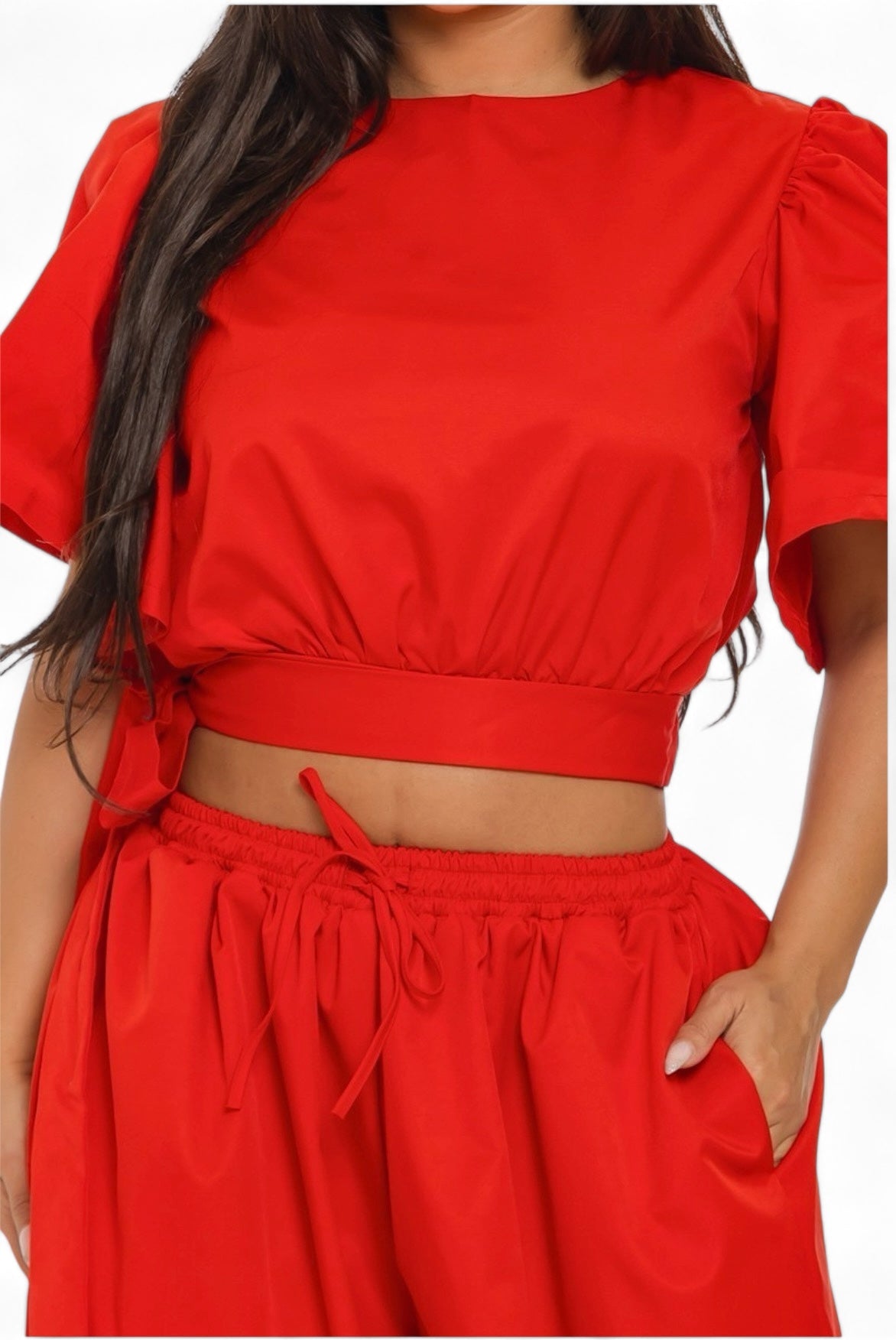 Ruffle Short Sleeve Crop Top & Jogger Pants Set