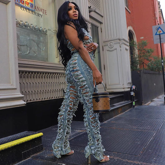 Women's Denim Trendy Unique Hand Frayed High Suits