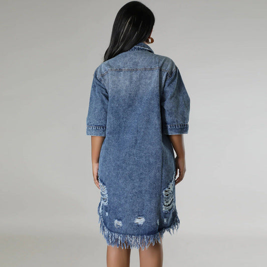 Women's Denim Ripped Tassel Sleeve Lapel Dress Dresses