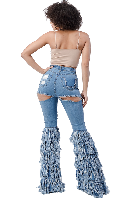 Distressed Layered Fringe Jeans (33" inseam)