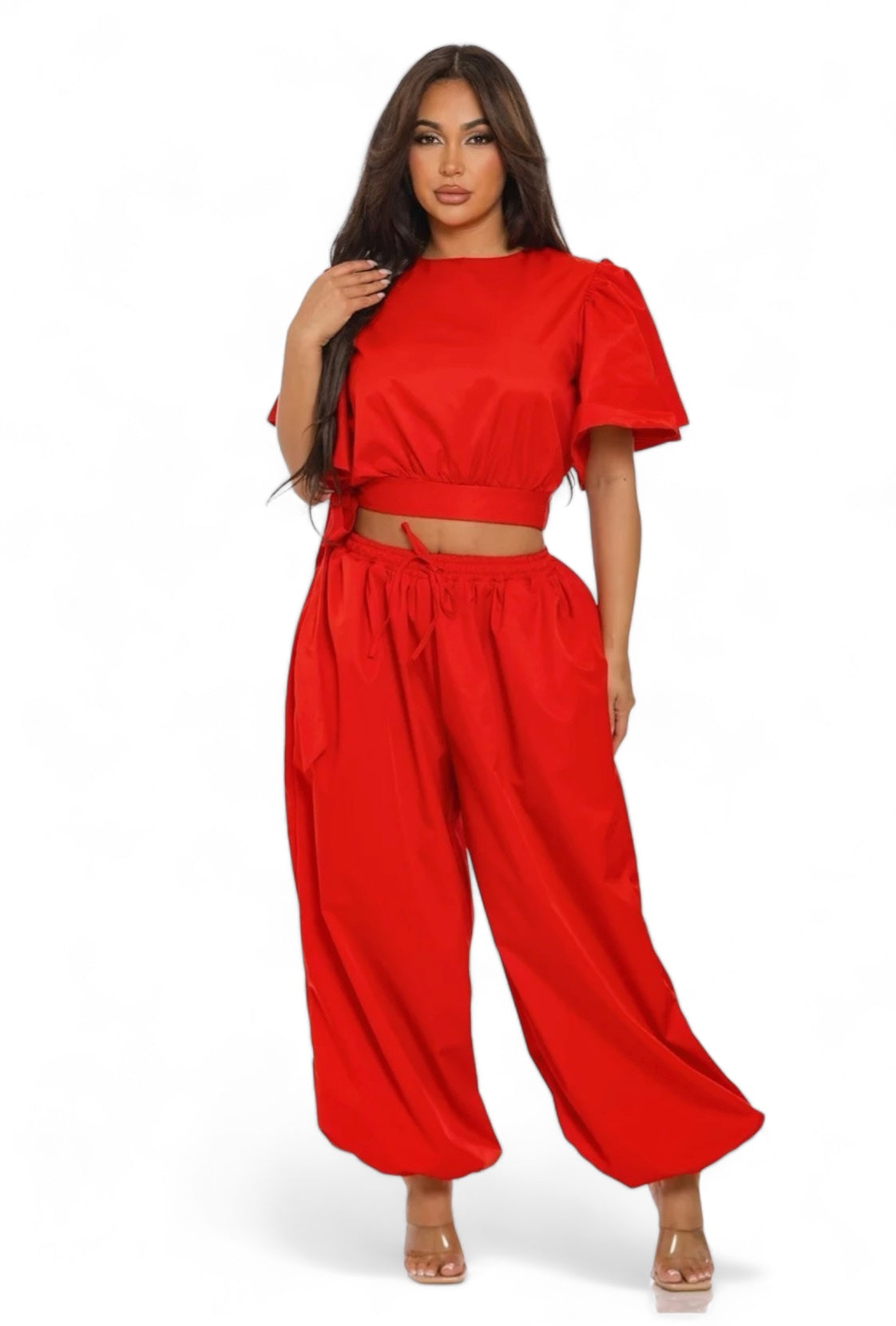 Ruffle Short Sleeve Crop Top & Jogger Pants Set