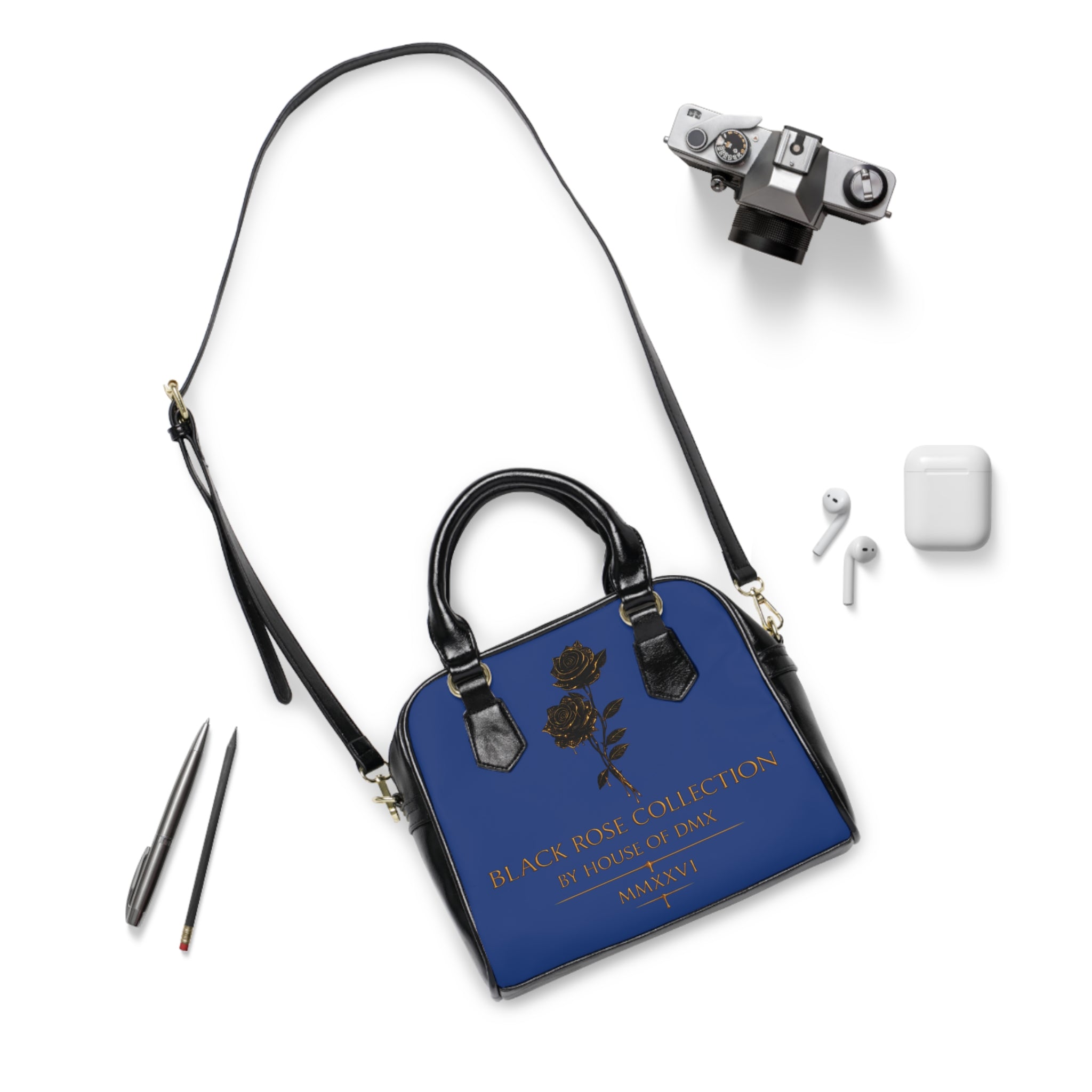 Black Rose Collection Shoulder Handbag — Elegant Navy Tote with Gold Script