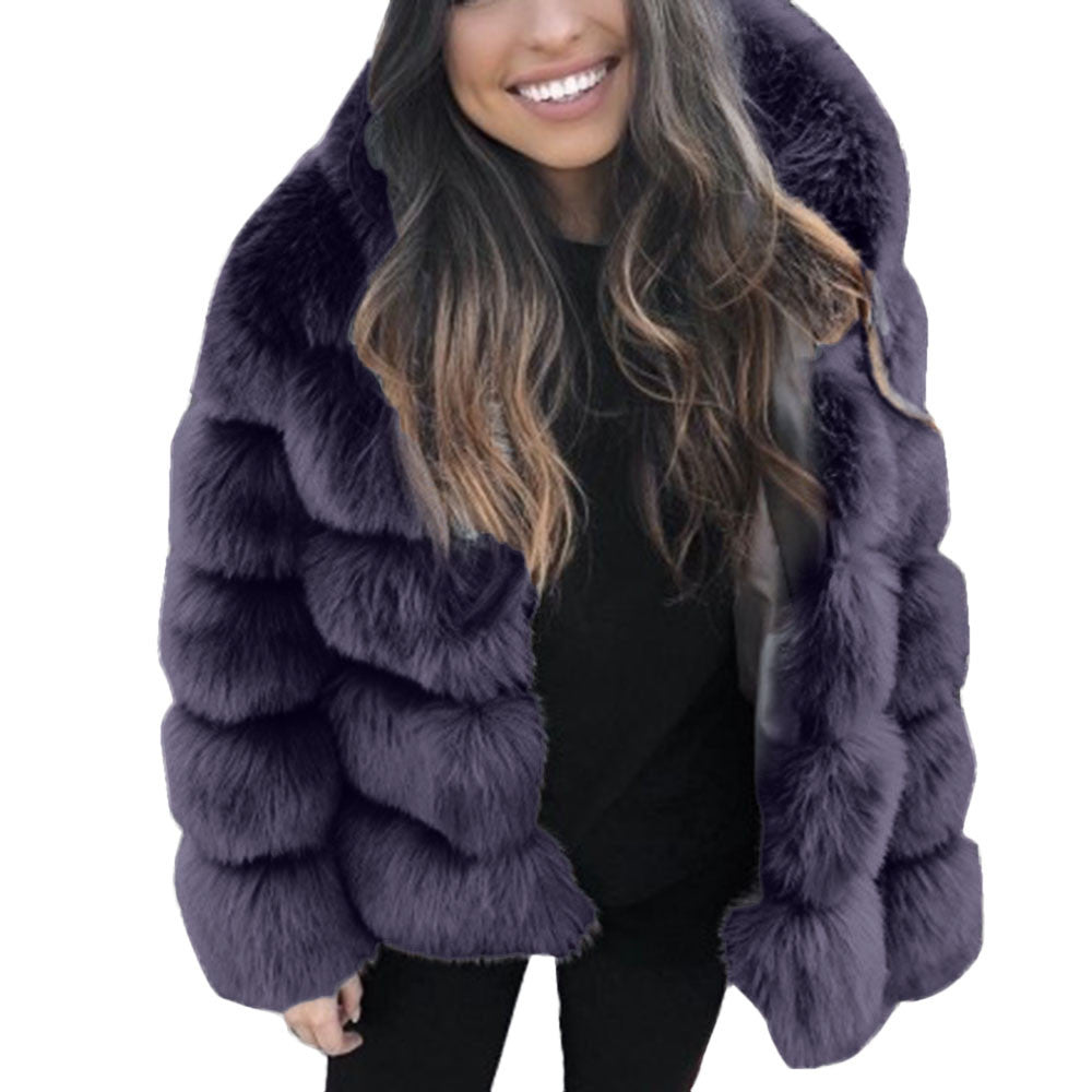 Women's Imitation Fur Hooded Mid-length Slim Fit Coats