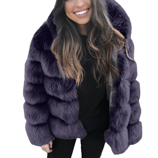 Women's Imitation Fur Hooded Mid-length Slim Fit Coats