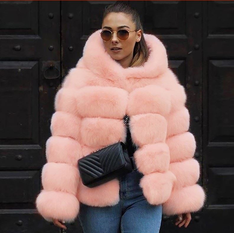 Women's Imitation Fur Hooded Mid-length Slim Fit Coats