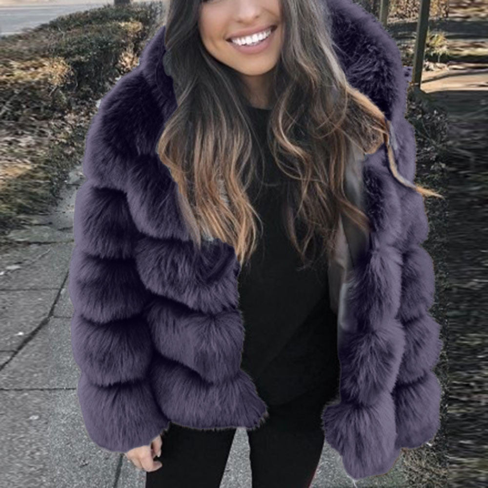 Women's Imitation Fur Hooded Mid-length Slim Fit Coats