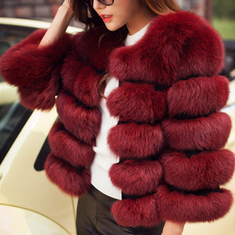 Women's Faux Fox Fur Round Neck Slim Coats