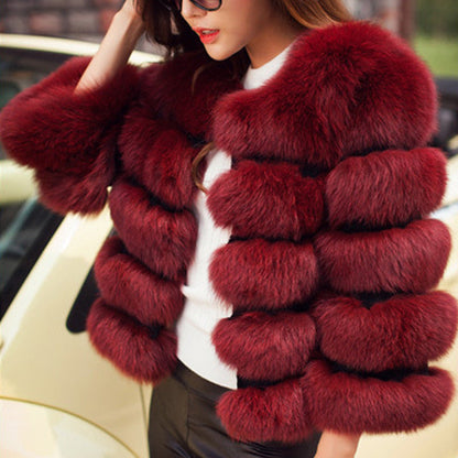 Women's Faux Fox Fur Round Neck Slim Coats