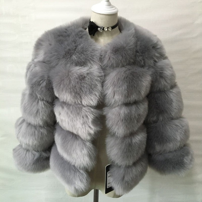 Women's Faux Fox Fur Round Neck Slim Coats
