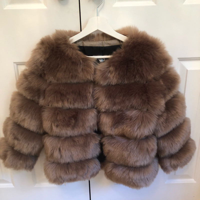 Women's Faux Fox Fur Round Neck Slim Coats
