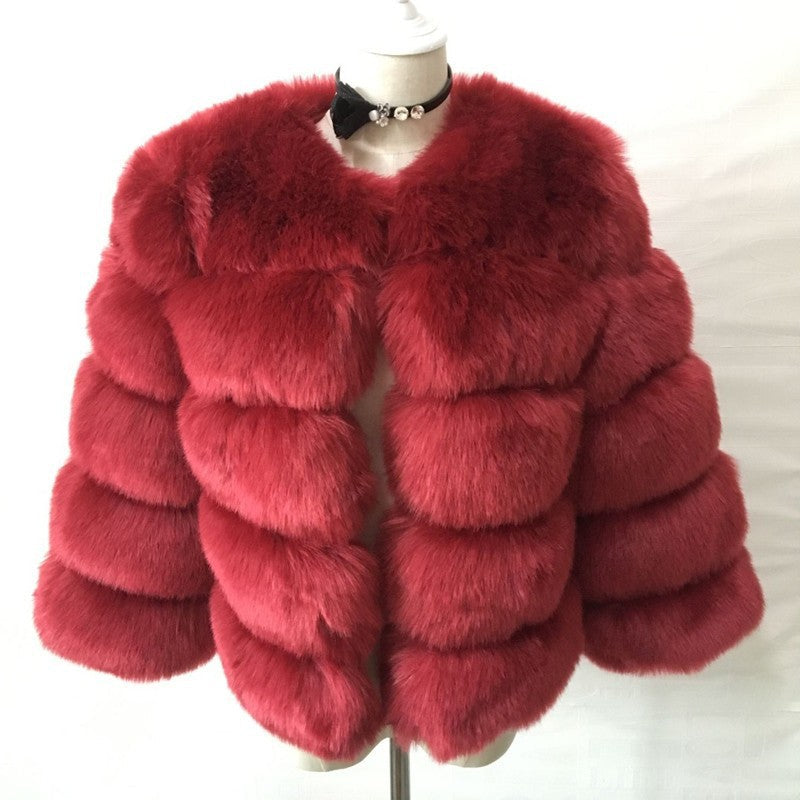 Women's Faux Fox Fur Round Neck Slim Coats