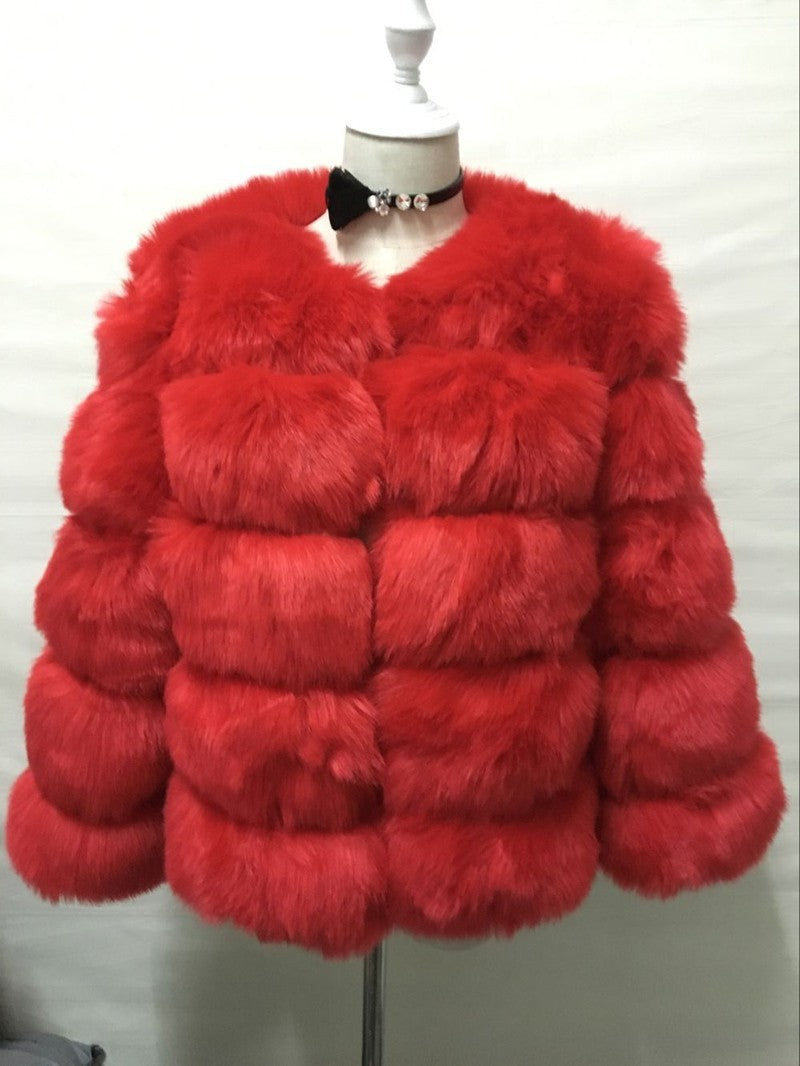 Women's Faux Fox Fur Round Neck Slim Coats
