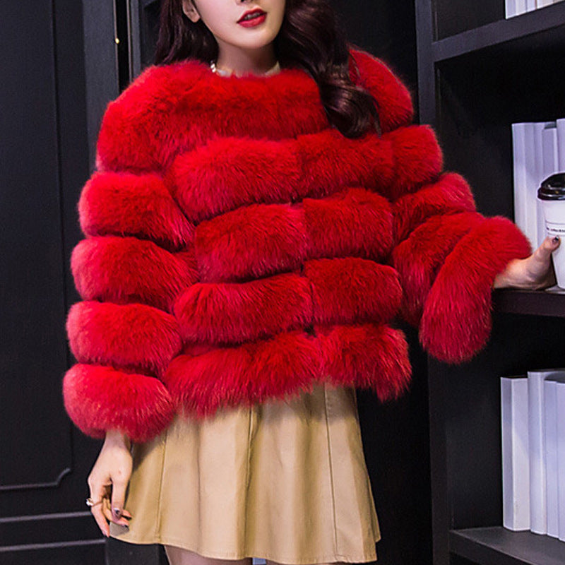 Women's Faux Fox Fur Round Neck Slim Coats