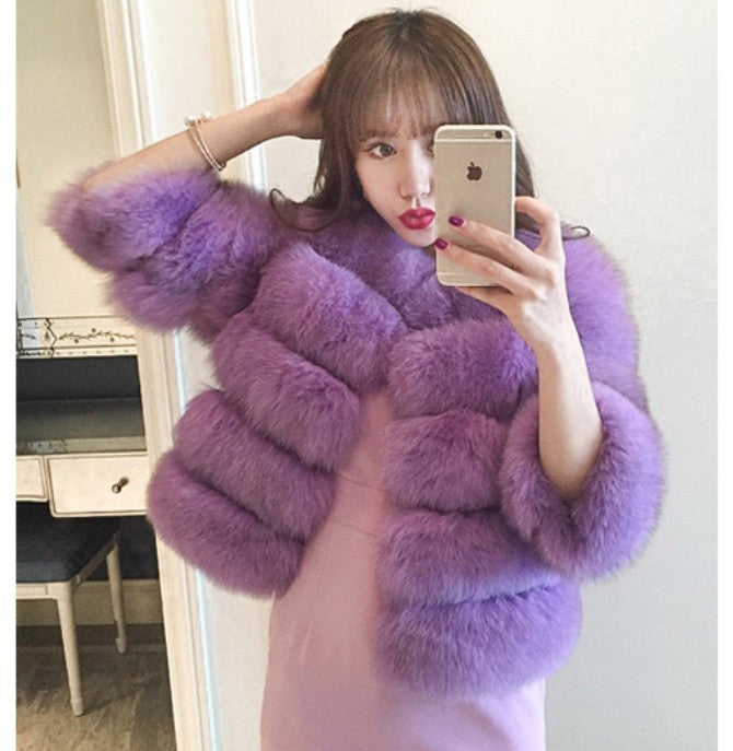 Women's Faux Fox Fur Round Neck Slim Coats