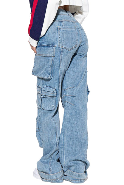 Multi Pocket Straight Legs Denim Cargo Jeans