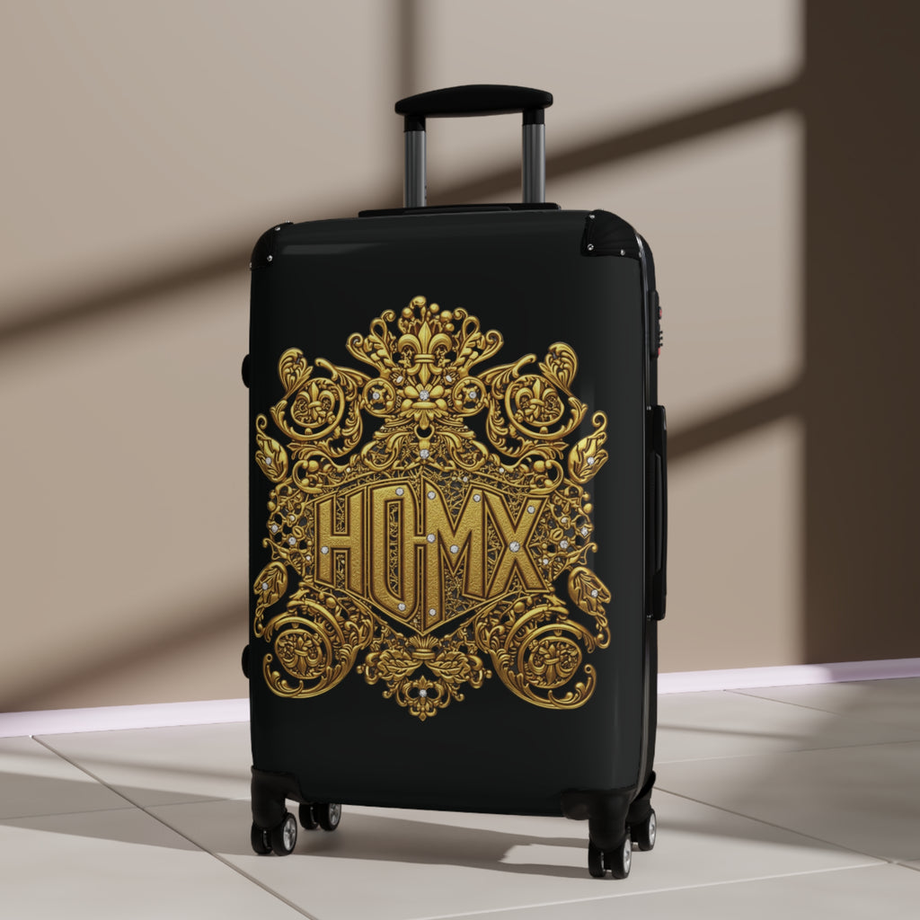 Black Carry-On Suitcase with Ornate Gold Baroque Monogram (HUMX)