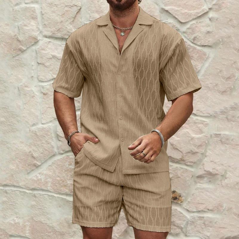 Stylish Men's Summer Tracksuit - Relaxed Fit Two-Piece Lapel Shirt & Shorts for Beach Holidays