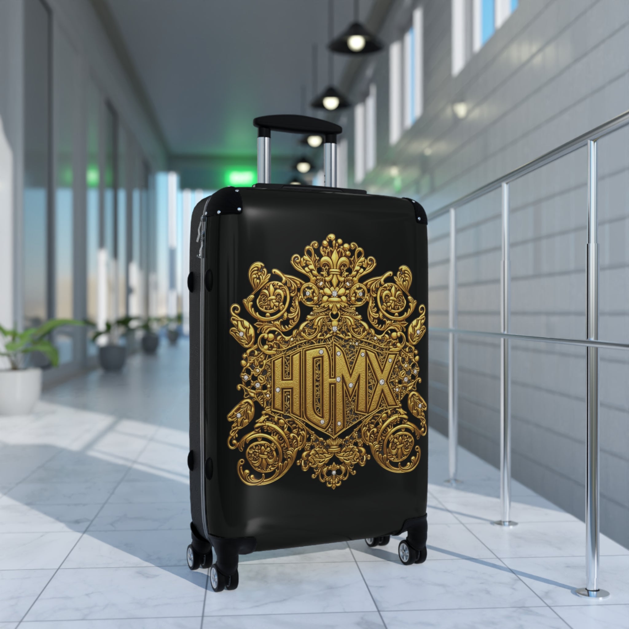 Black Carry-On Suitcase with Ornate Gold Baroque Monogram (HUMX)