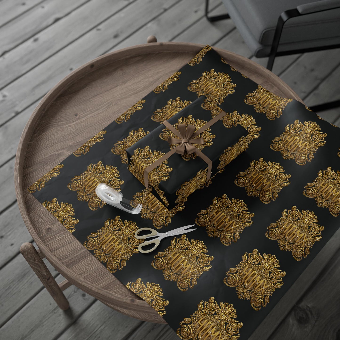 HDMX Luxury Gold Crest Wrapping Paper — Elegant Black & Gold Gift Wrap