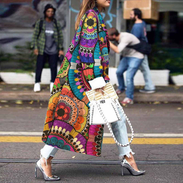 Women's Fashion Loose Ankle Print Woolen Printing Coats
