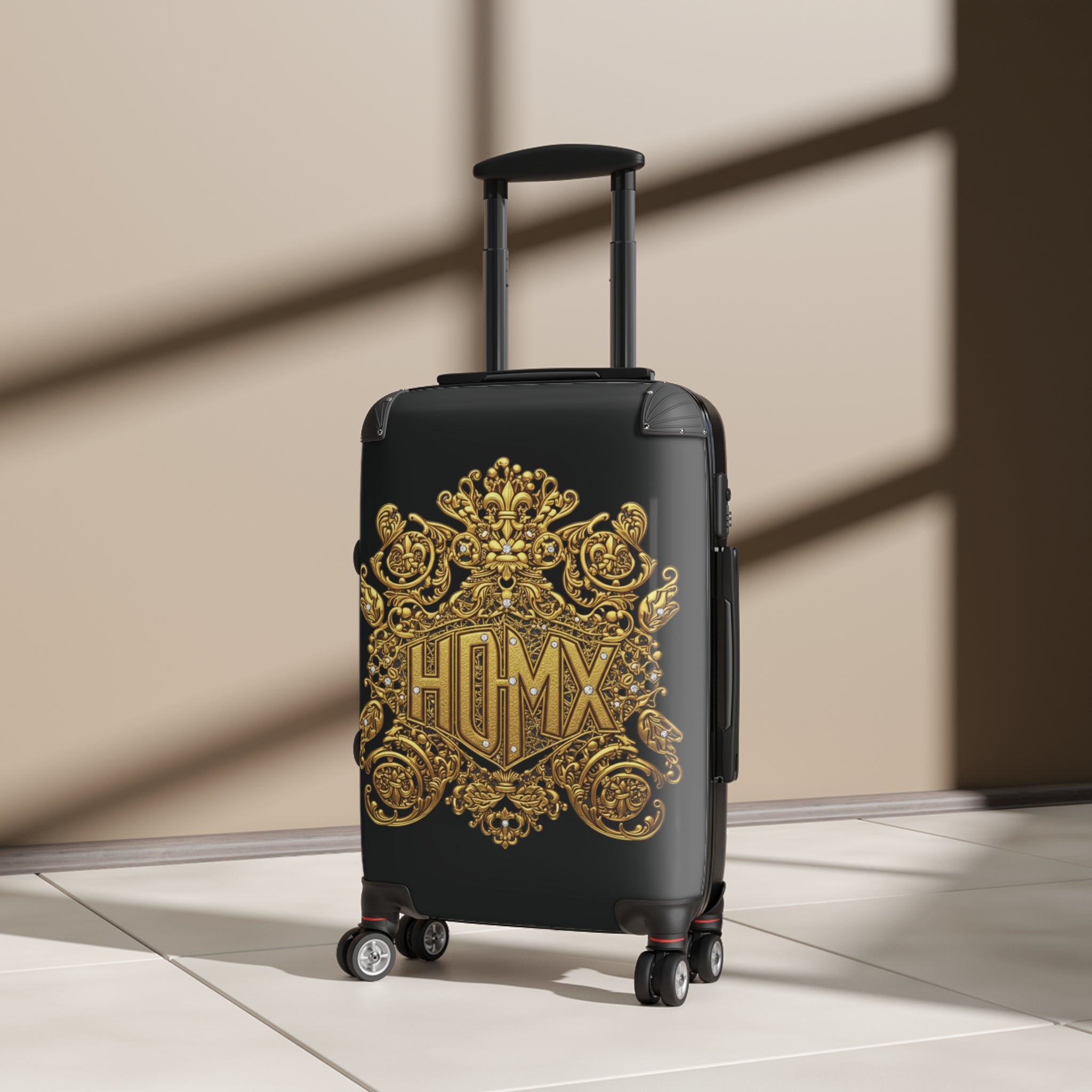Black Carry-On Suitcase with Ornate Gold Baroque Monogram (HUMX)