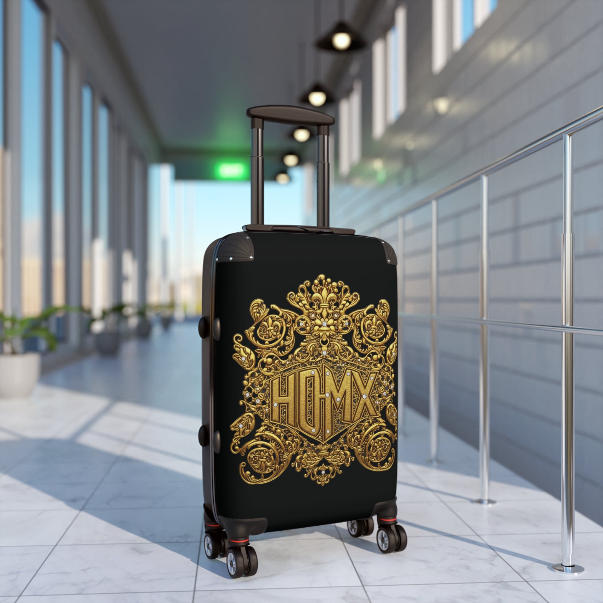 Black Carry-On Suitcase with Ornate Gold Baroque Monogram (HUMX)
