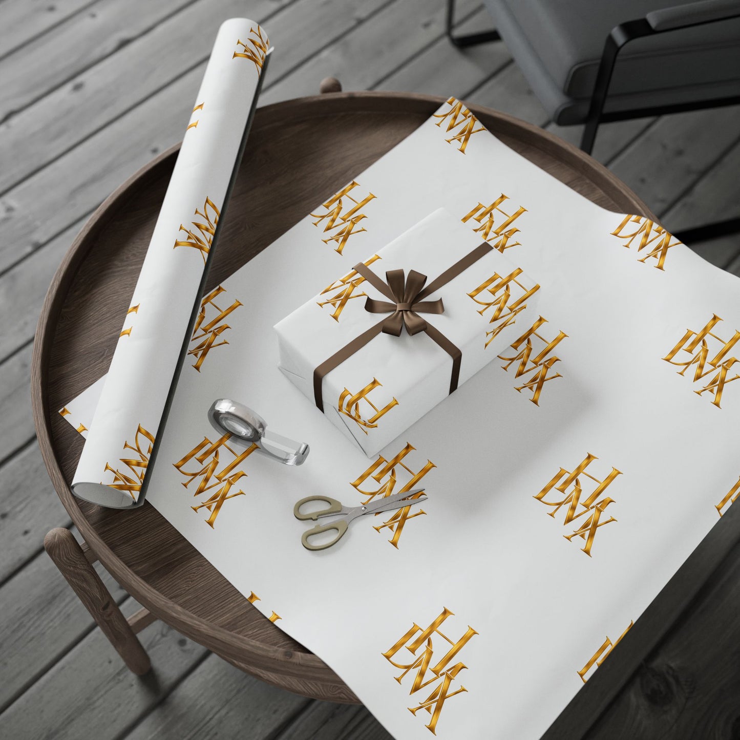 White and Gold Script Monogram Wrapping Paper Roll