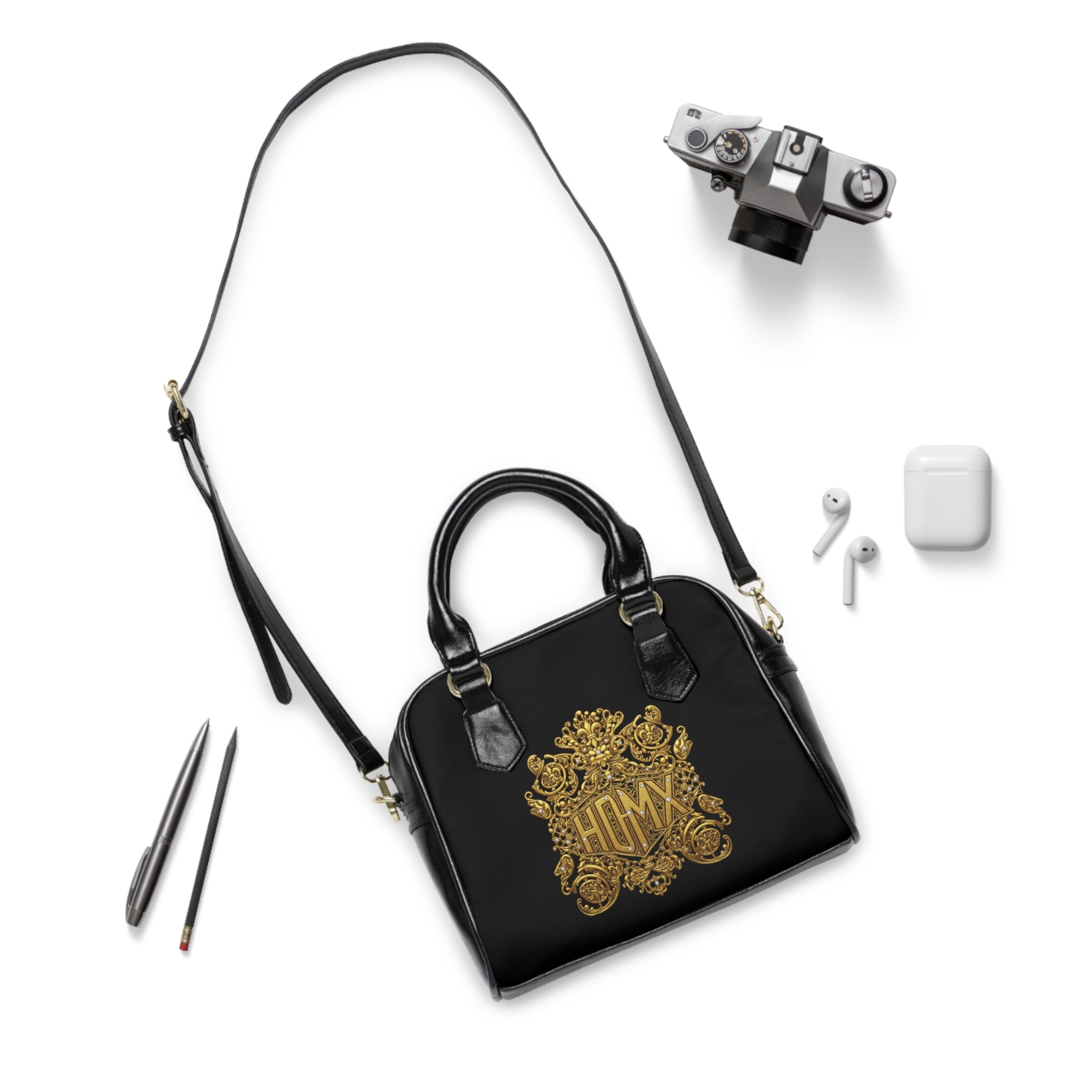 Baroque Gold Crest Shoulder Handbag — Elegant Monogrammed Black Purse