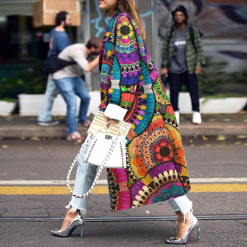 Women's Fashion Loose Ankle Print Woolen Printing Coats