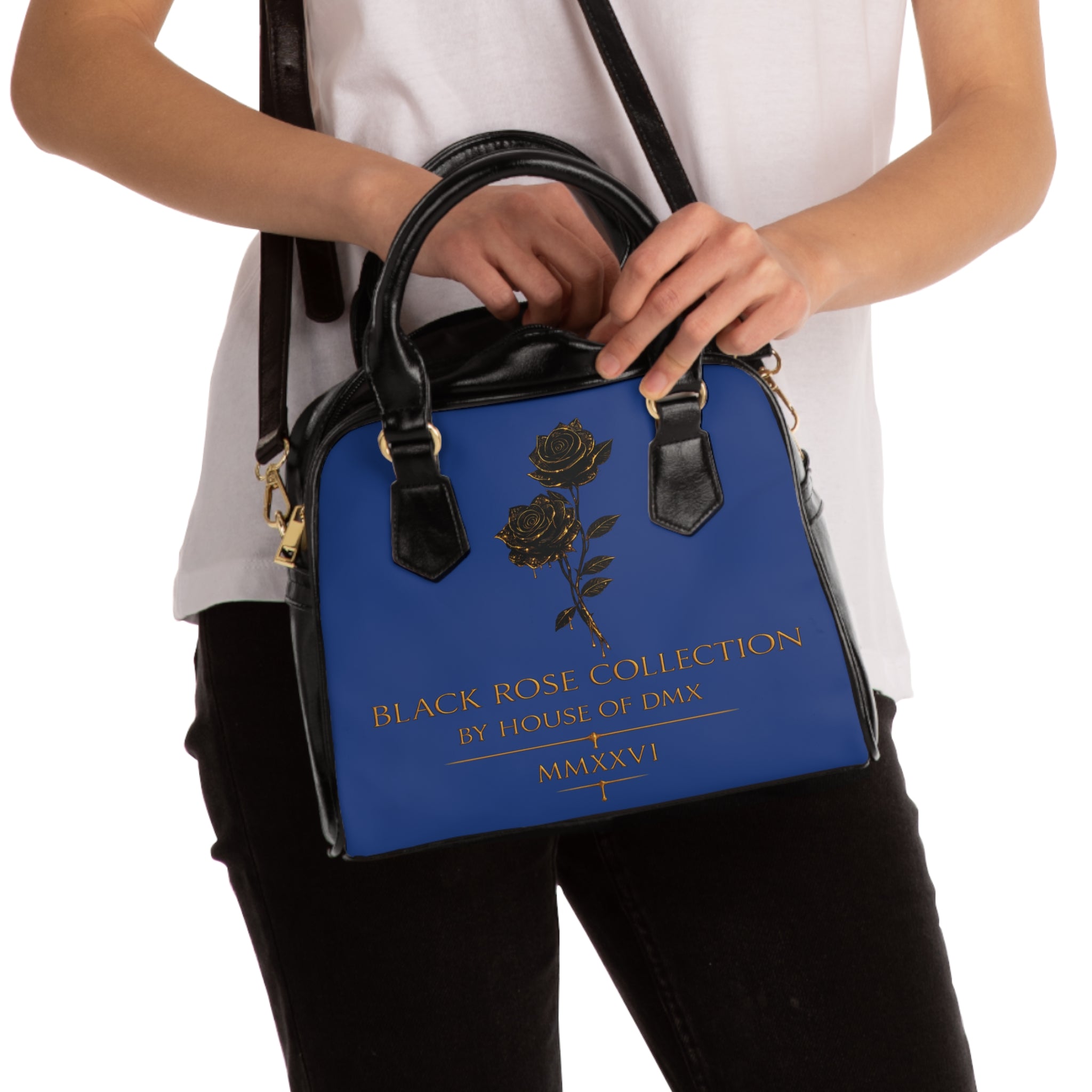 Black Rose Collection Shoulder Handbag — Elegant Navy Tote with Gold Script