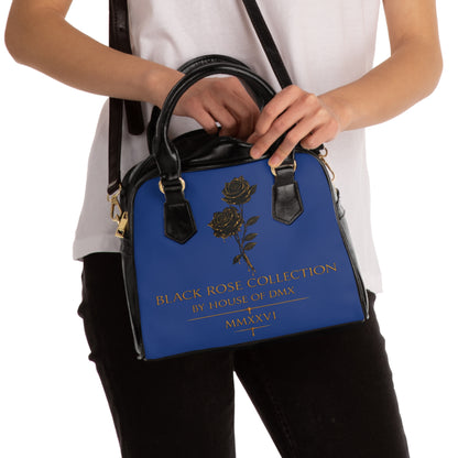 Black Rose Collection Shoulder Handbag — Elegant Navy Tote with Gold Script