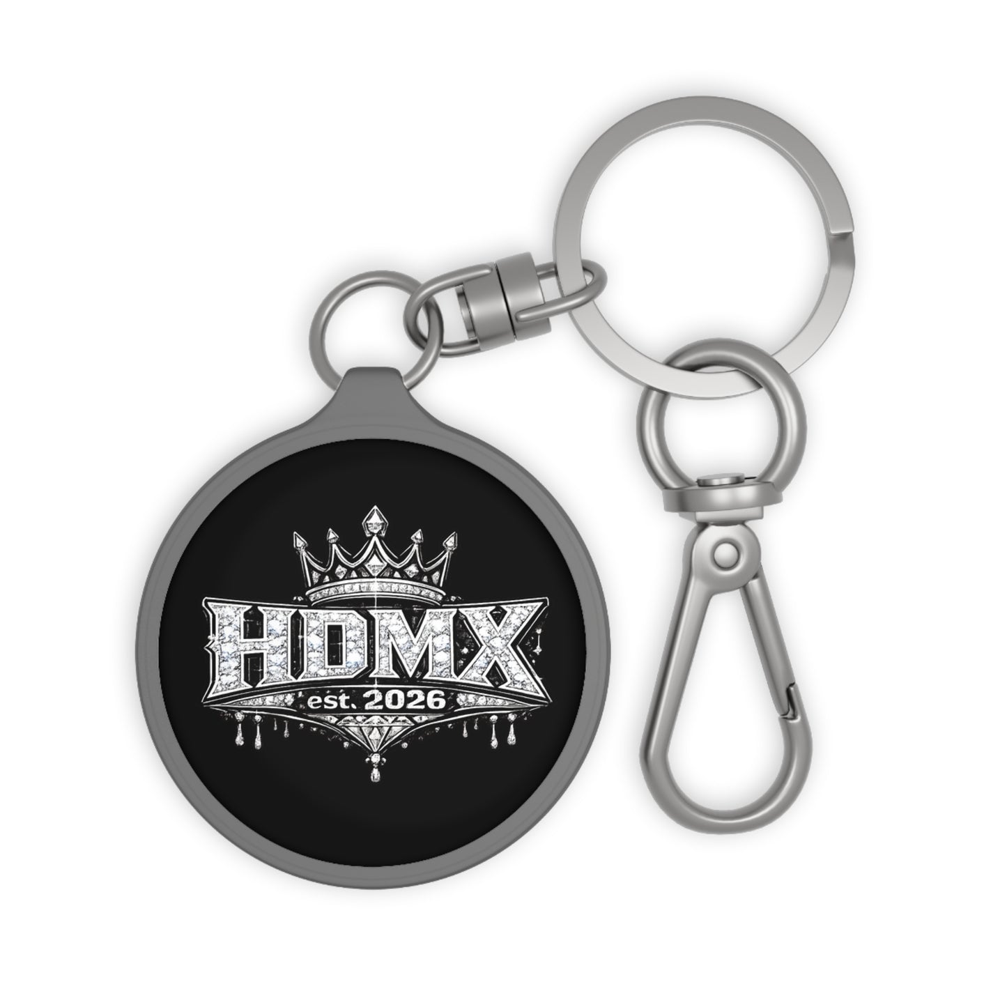 HDMX Crown Keyring Tag — Metal Keychain with 'HDMX est. 2026' Graphic