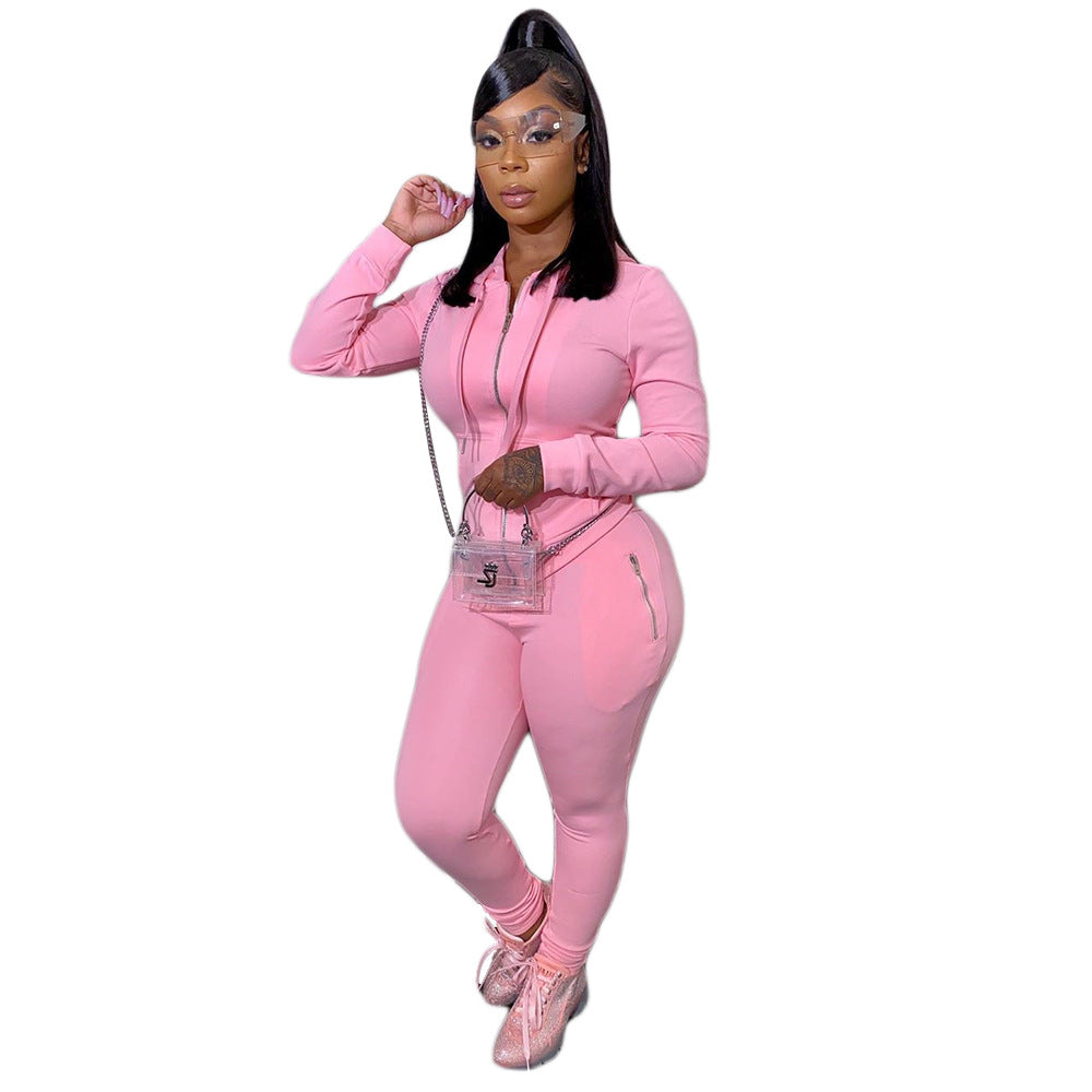 Women's Autumn Solid Color Personality Zipper Two-piece Suits