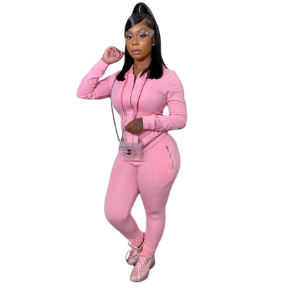 Women's Autumn Solid Color Personality Zipper Two-piece Suits