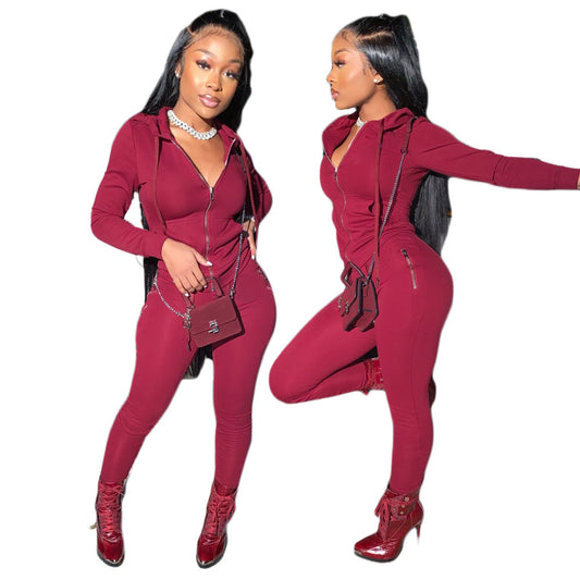 Women's Autumn Solid Color Personality Zipper Two-piece Suits