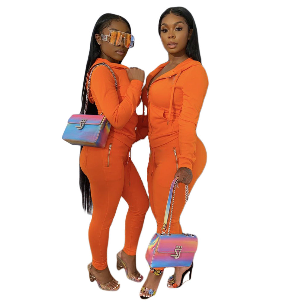Women's Autumn Solid Color Personality Zipper Two-piece Suits