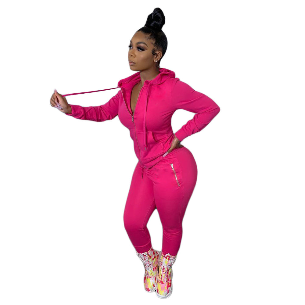Women's Autumn Solid Color Personality Zipper Two-piece Suits