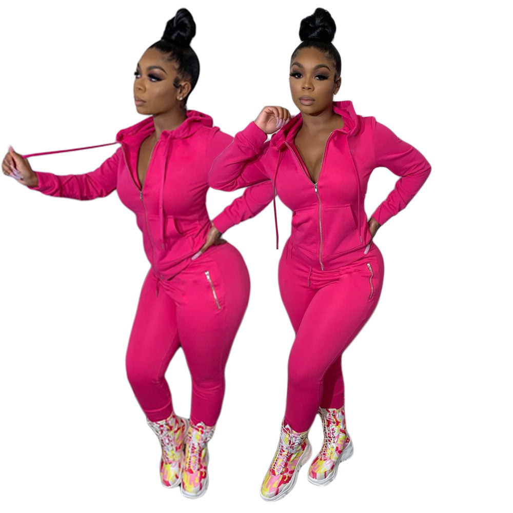 Women's Autumn Solid Color Personality Zipper Two-piece Suits