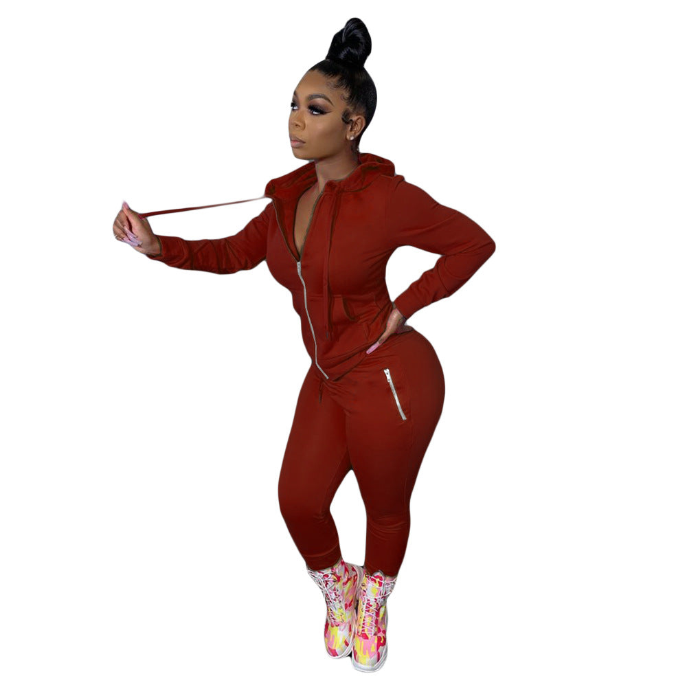 Women's Autumn Solid Color Personality Zipper Two-piece Suits