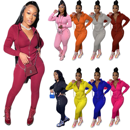 Women's Autumn Solid Color Personality Zipper Two-piece Suits