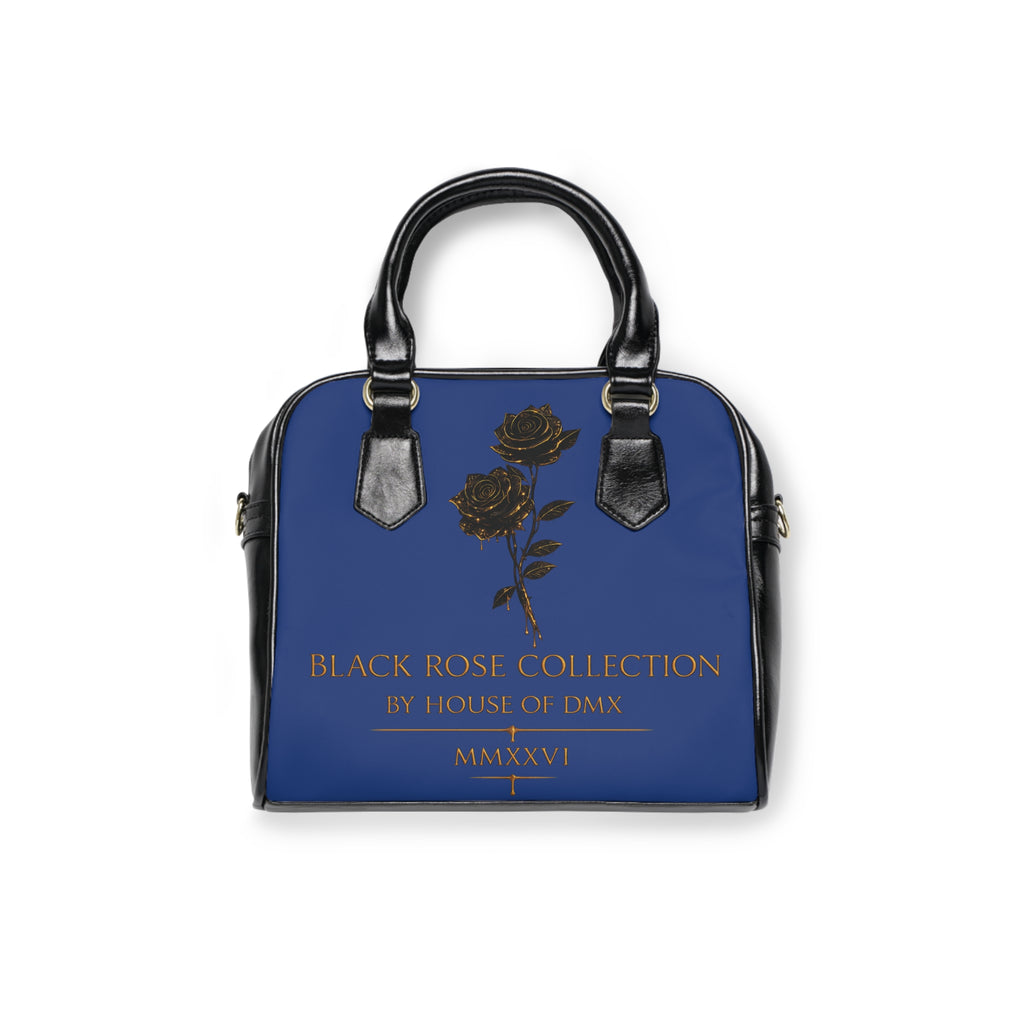 Black Rose Collection Shoulder Handbag — Elegant Navy Tote with Gold Script