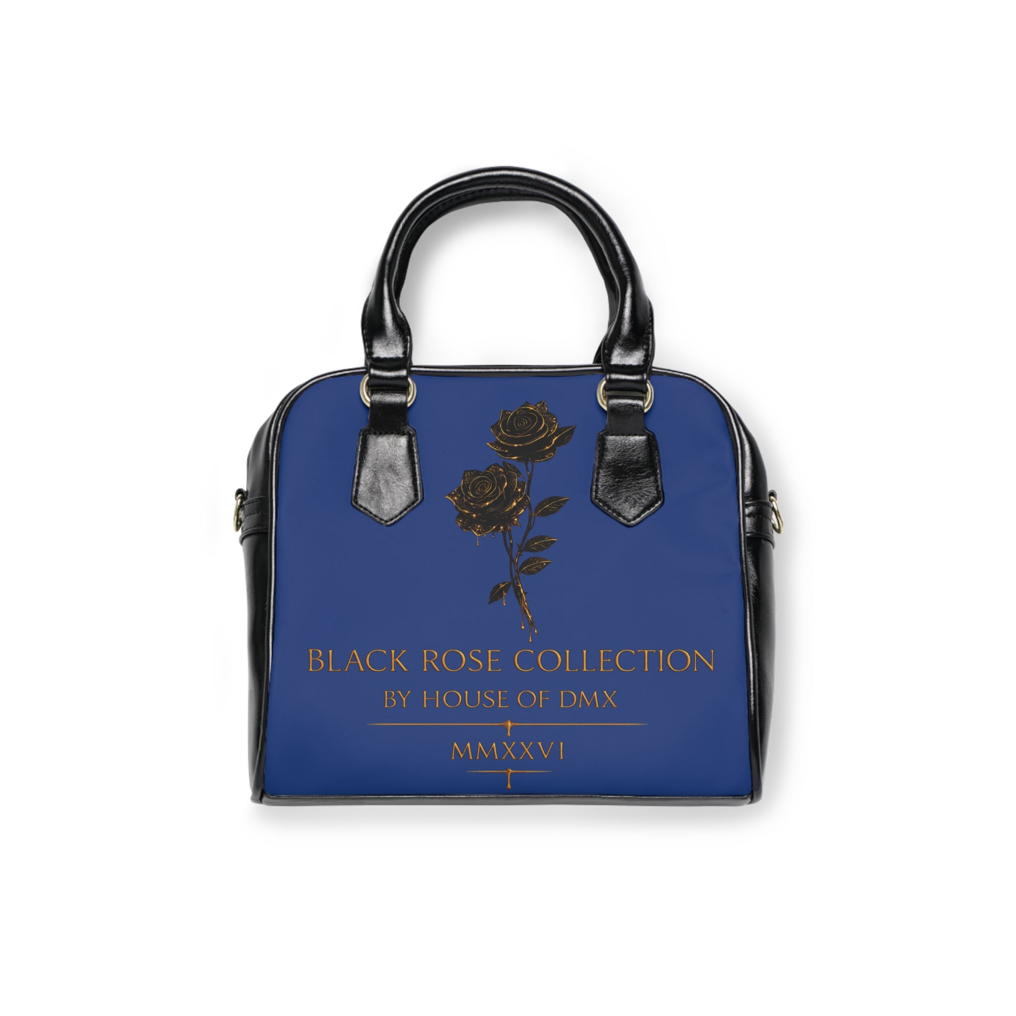Black Rose Collection Shoulder Handbag — Elegant Navy Tote with Gold Script