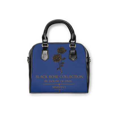 Black Rose Collection Shoulder Handbag — Elegant Navy Tote with Gold Script