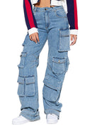 Multi Pocket Straight Legs Denim Cargo Jeans