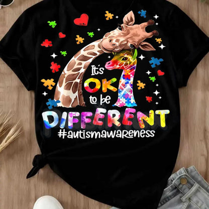 "Different is Beautiful" Artistic Giraffe T-Shirt – Autism Awareness Hearts & Puzzle Print, Premium 100% Cotton Neurodiversity Top, Soft Lived-In Heavyweight Women's Advocacy Wear, Made in USA