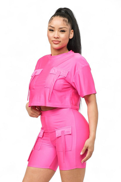 Front Pockets Detail Crop Top and Biker Shorts Set