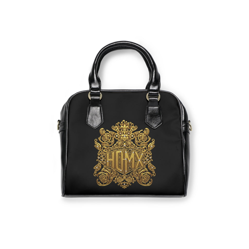Baroque Gold Crest Shoulder Handbag — Elegant Monogrammed Black Purse